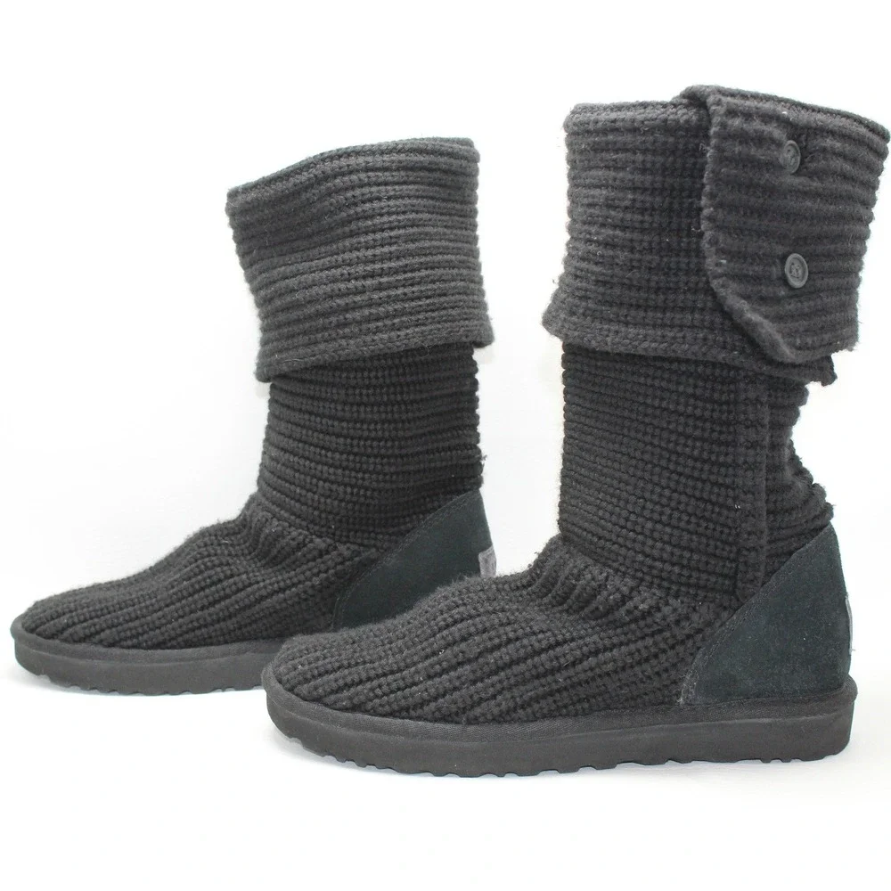 UGG Lattice Cardy Knit‎ Boots Black 3-Button Tall Discontinued Style Size 9